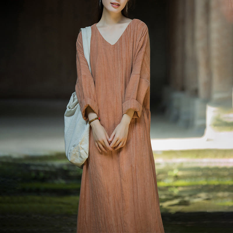 Vestido midi de lino y ramio con cuello en V, manga larga y color liso con Buddha Stones