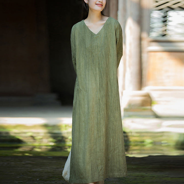 Vestido midi de lino y ramio con cuello en V, manga larga y color liso con Buddha Stones