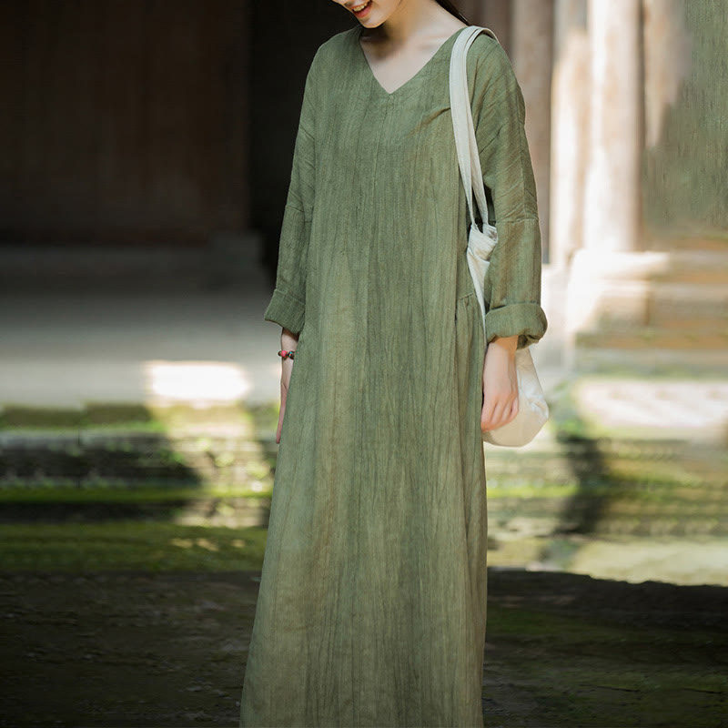 Vestido midi de lino y ramio con cuello en V, manga larga y color liso con Buddha Stones