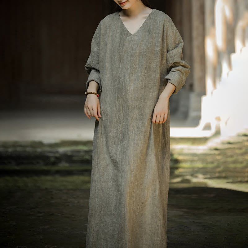 Vestido midi de lino y ramio con cuello en V, manga larga y color liso con Buddha Stones
