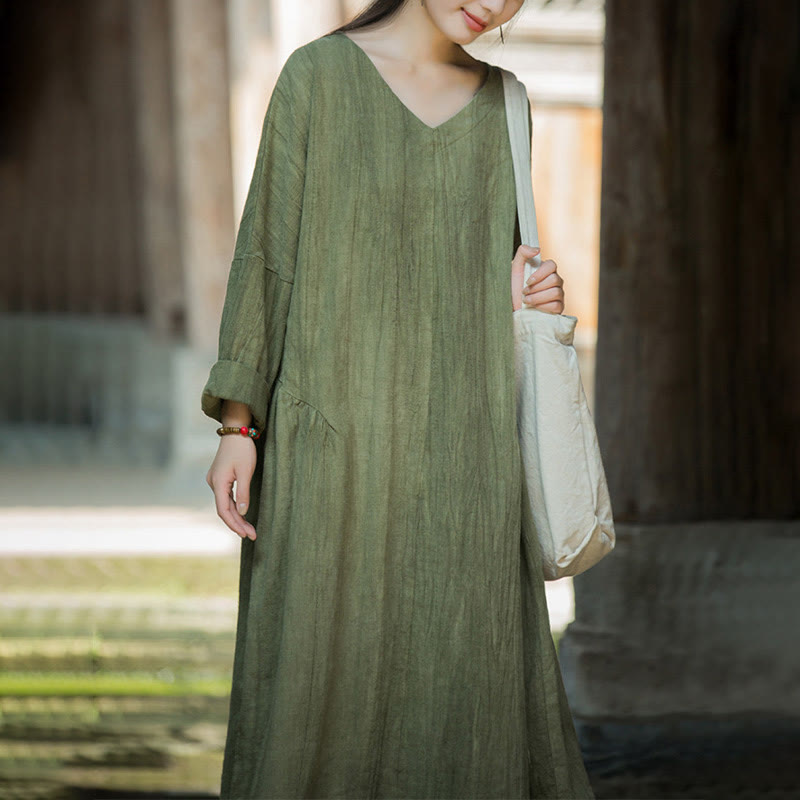 Vestido midi de lino y ramio con cuello en V, manga larga y color liso con Buddha Stones