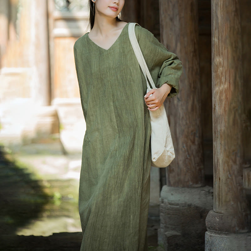 Vestido midi de lino y ramio con cuello en V, manga larga y color liso con Buddha Stones