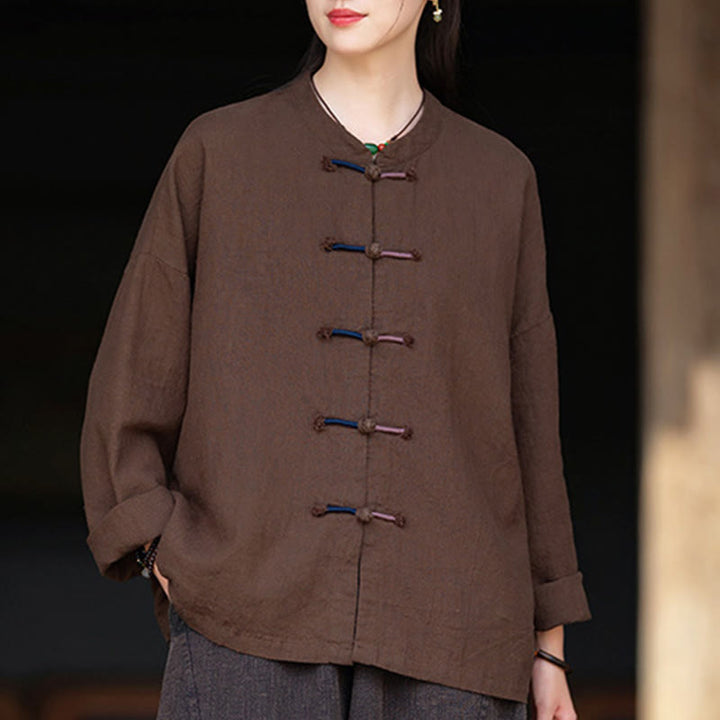 Camisa de lino con ramio de manga larga con botones de rana en dos colores lisos y Buddha Stones para mujer