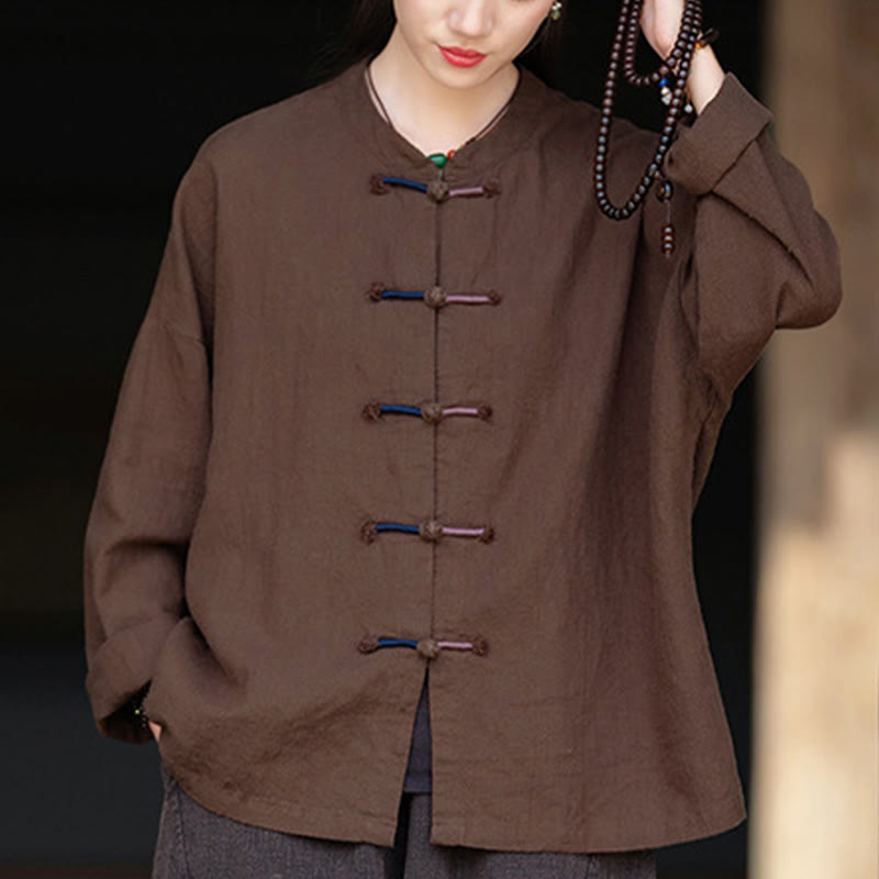 Camisa de lino con ramio de manga larga con botones de rana en dos colores lisos y Buddha Stones para mujer