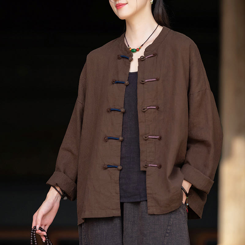Camisa de lino con ramio de manga larga con botones de rana en dos colores lisos y Buddha Stones para mujer