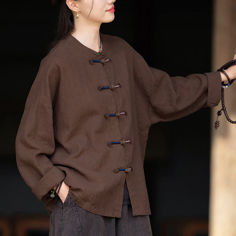Camisa de lino con ramio de manga larga con botones de rana en dos colores lisos y Buddha Stones para mujer