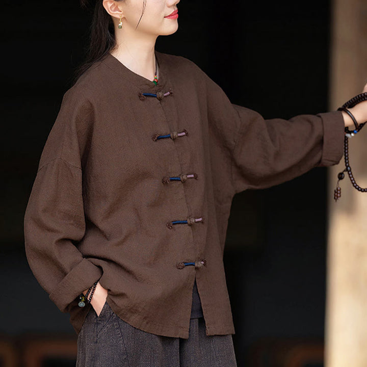 Camisa de lino con ramio de manga larga con botones de rana en dos colores lisos y Buddha Stones para mujer