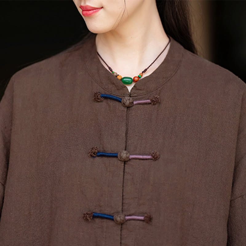 Camisa de lino con ramio de manga larga con botones de rana en dos colores lisos y Buddha Stones para mujer