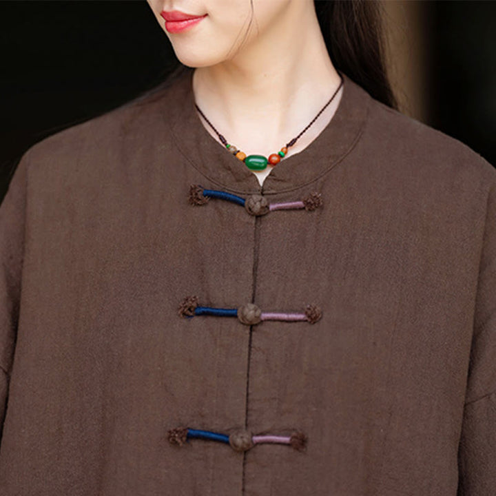 Camisa de lino con ramio de manga larga con botones de rana en dos colores lisos y Buddha Stones para mujer