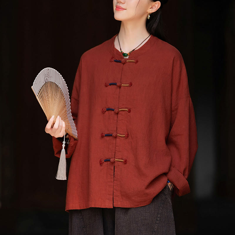 Camisa de lino con ramio de manga larga con botones de rana en dos colores lisos y Buddha Stones para mujer