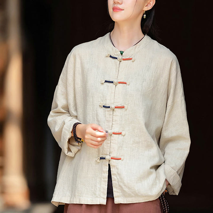 Camisa de lino con ramio de manga larga con botones de rana en dos colores lisos y Buddha Stones para mujer