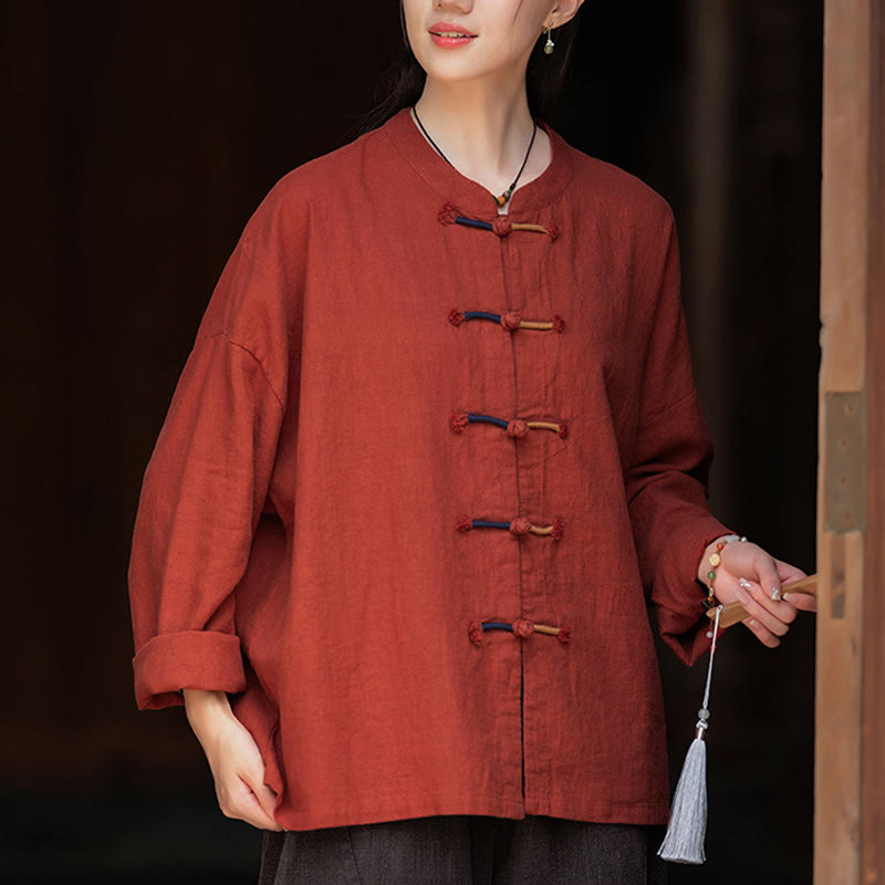 Camisa de lino con ramio de manga larga con botones de rana en dos colores lisos y Buddha Stones para mujer