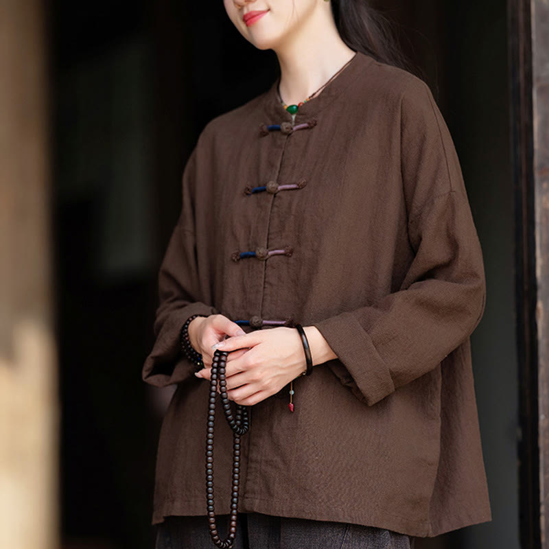 Camisa de lino con ramio de manga larga con botones de rana en dos colores lisos y Buddha Stones para mujer