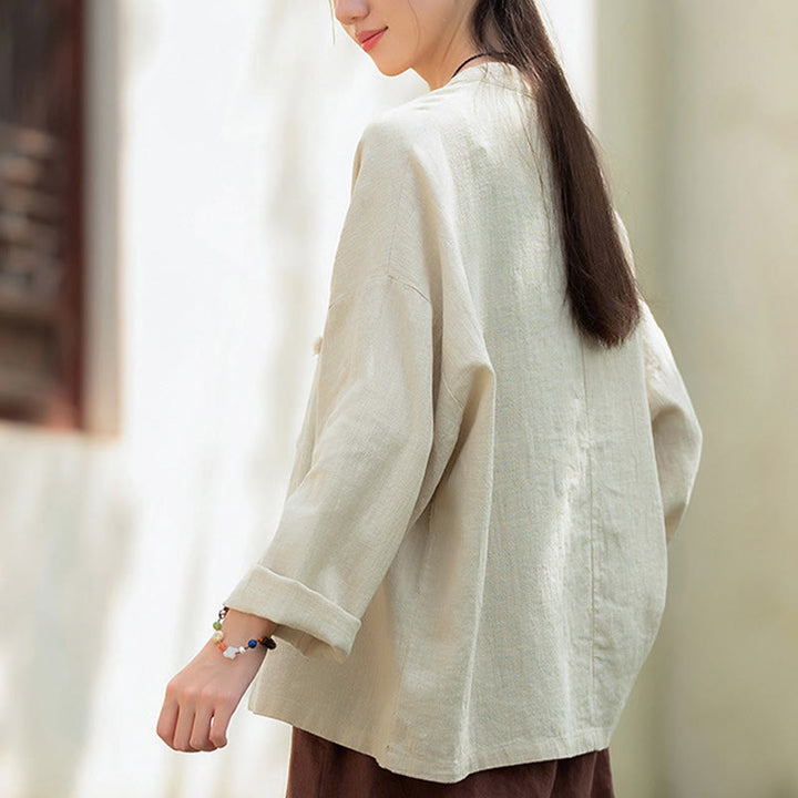 Camisa de lino con ramio de manga larga con botones de rana en dos colores lisos y Buddha Stones para mujer