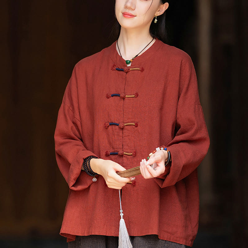 Camisa de lino con ramio de manga larga con botones de rana en dos colores lisos y Buddha Stones para mujer