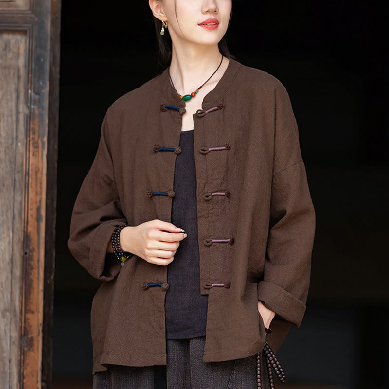 Camisa de lino con ramio de manga larga con botones de rana en dos colores lisos y Buddha Stones para mujer