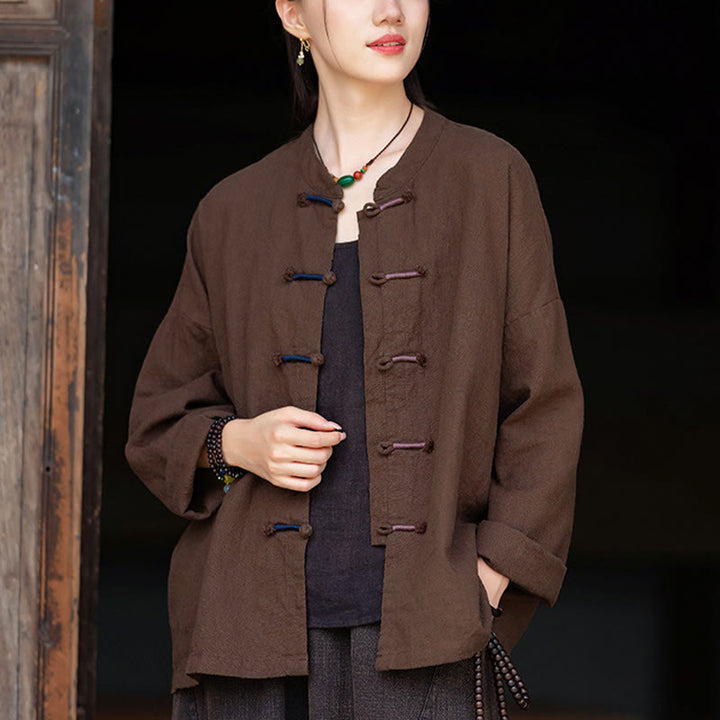 Camisa de lino con ramio de manga larga con botones de rana en dos colores lisos y Buddha Stones para mujer