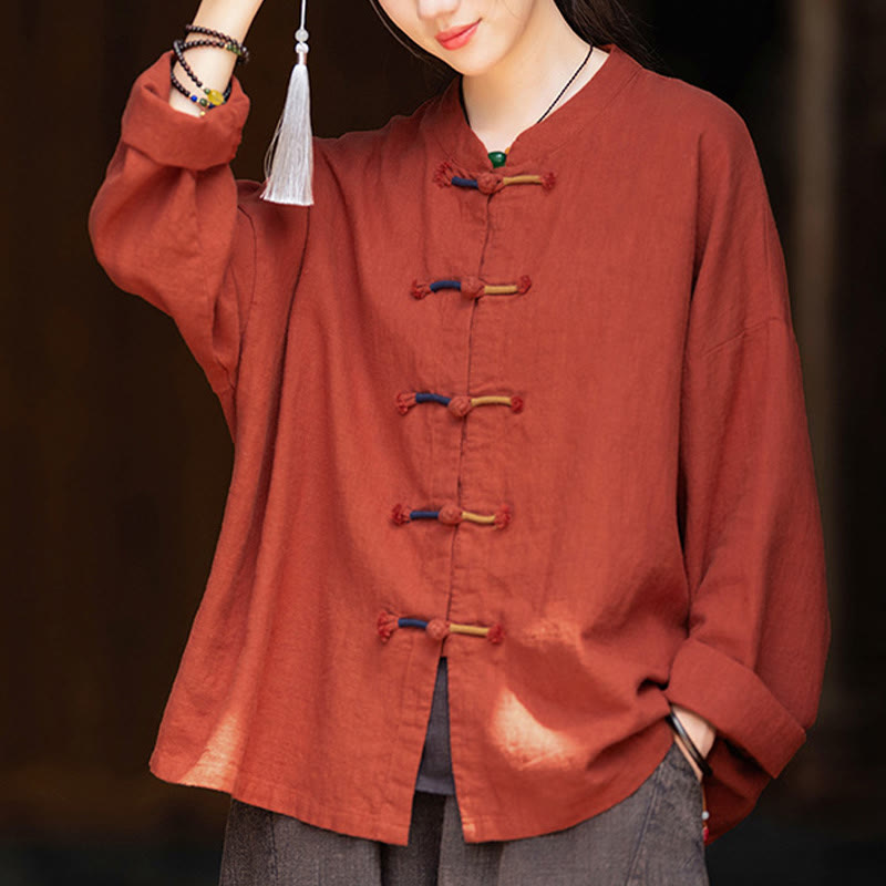 Camisa de lino con ramio de manga larga con botones de rana en dos colores lisos y Buddha Stones para mujer