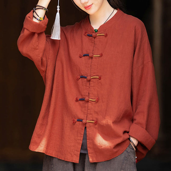 Camisa de lino con ramio de manga larga con botones de rana en dos colores lisos y Buddha Stones para mujer
