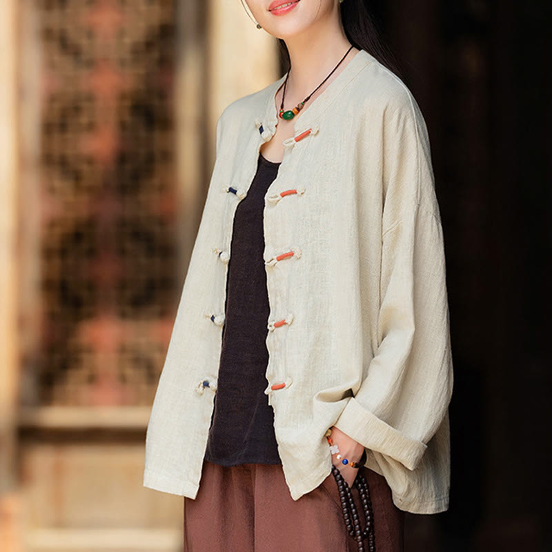 Camisa de lino con ramio de manga larga con botones de rana en dos colores lisos y Buddha Stones para mujer