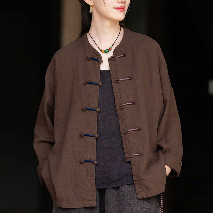 Camisa de lino con ramio de manga larga con botones de rana en dos colores lisos y Buddha Stones para mujer