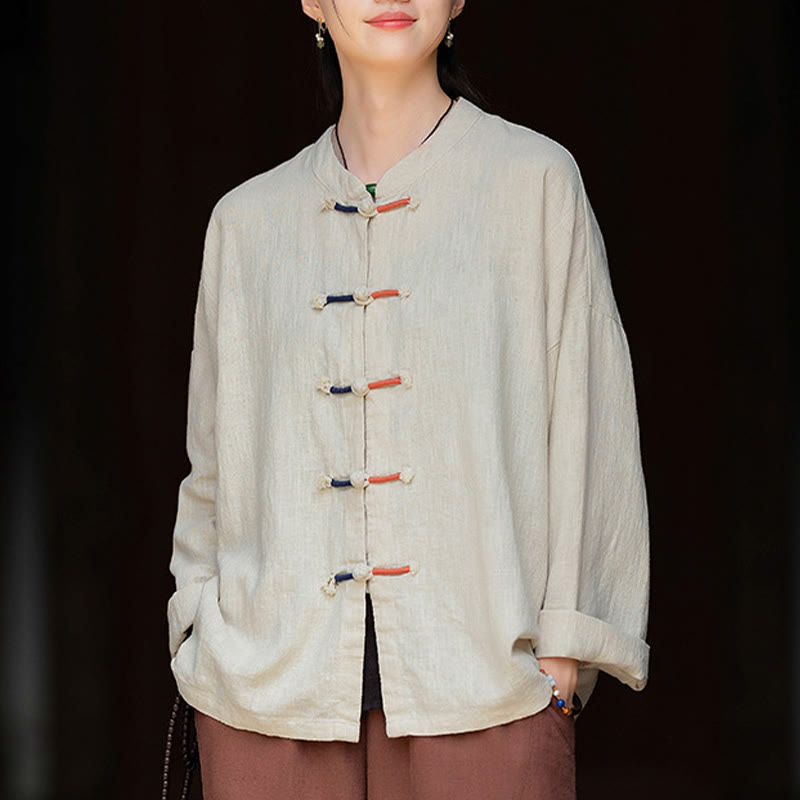 Camisa de lino con ramio de manga larga con botones de rana en dos colores lisos y Buddha Stones para mujer - Beige - US4-12, UK/AU8-16, EU36-44 (F) - image 0