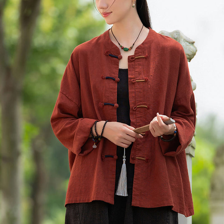 Camisa de lino con ramio de manga larga con botones de rana en dos colores lisos y Buddha Stones para mujer