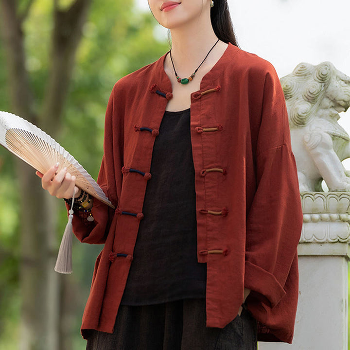 Camisa de lino con ramio de manga larga con botones de rana en dos colores lisos y Buddha Stones para mujer
