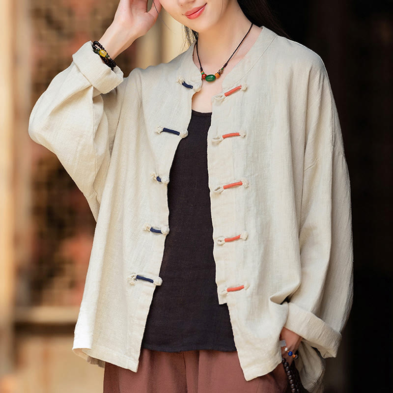 Camisa de lino con ramio de manga larga con botones de rana en dos colores lisos y Buddha Stones para mujer