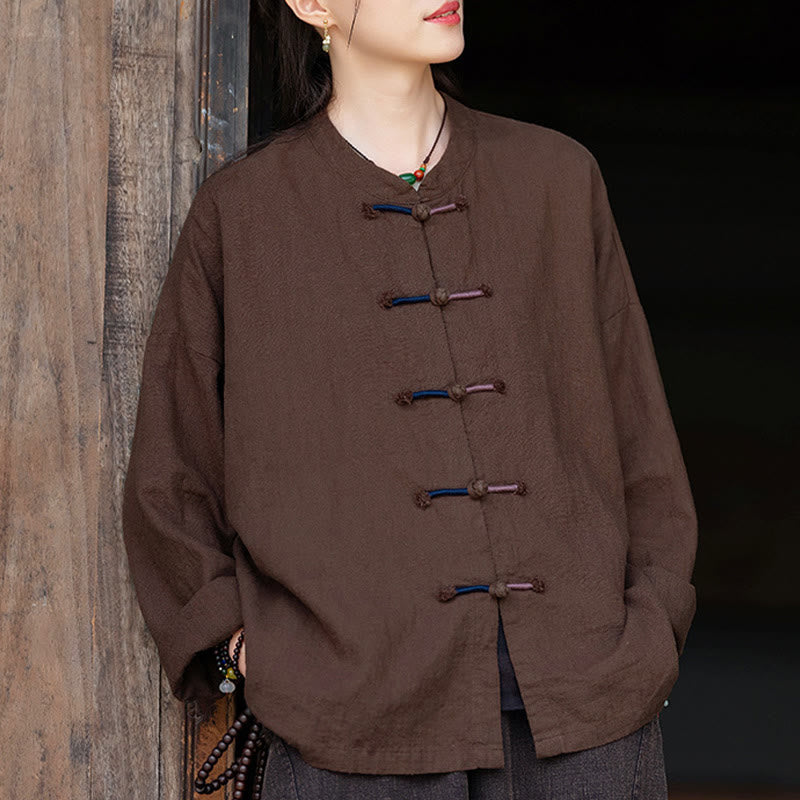 Camisa de lino con ramio de manga larga con botones de rana en dos colores lisos y Buddha Stones para mujer