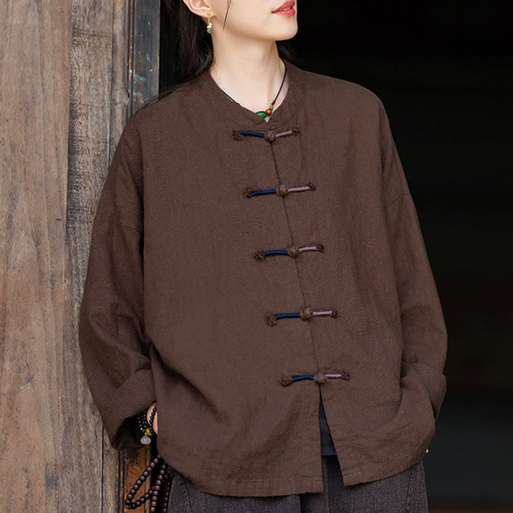 Camisa de lino con ramio de manga larga con botones de rana en dos colores lisos y Buddha Stones para mujer
