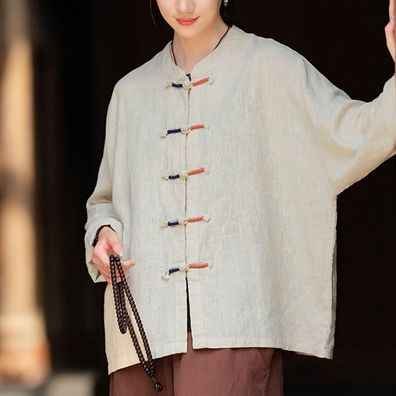 Camisa de lino con ramio de manga larga con botones de rana en dos colores lisos y Buddha Stones para mujer