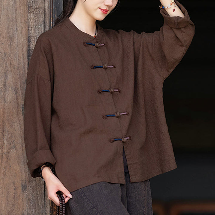 Camisa de lino con ramio de manga larga con botones de rana en dos colores lisos y Buddha Stones para mujer