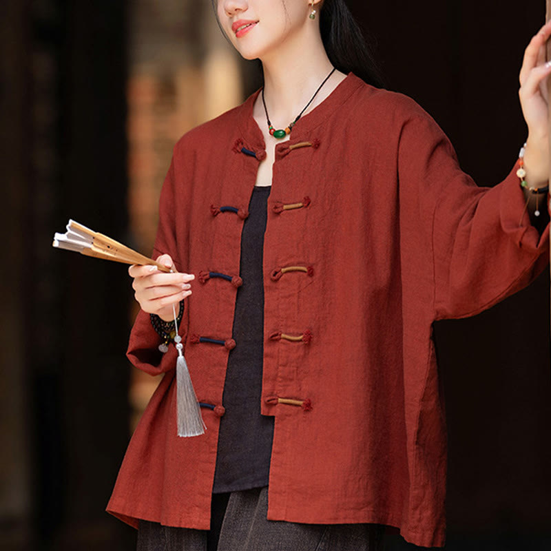Camisa de lino con ramio de manga larga con botones de rana en dos colores lisos y Buddha Stones para mujer