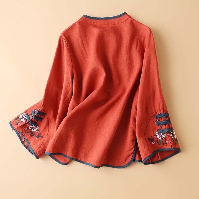 Camisa de lino y algodón de manga larga para mujer con diseño de flores bordadas retro con Buddha Stones