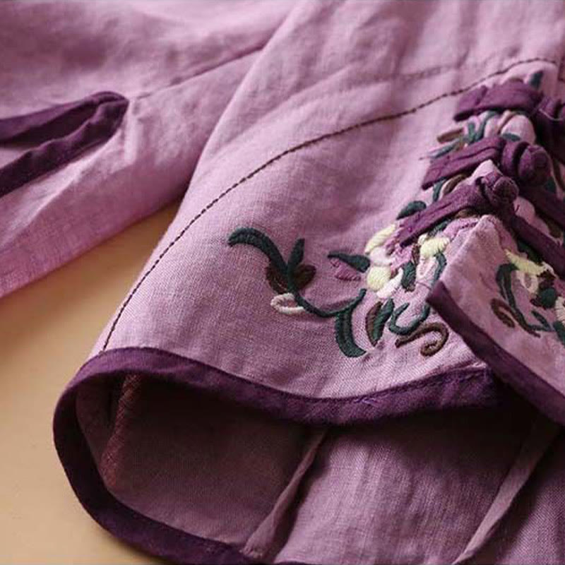 Camisa de lino y algodón de manga larga para mujer con diseño de flores bordadas retro con Buddha Stones