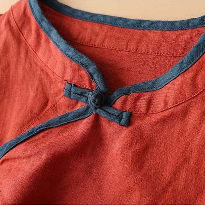 Camisa de lino y algodón de manga larga para mujer con diseño de flores bordadas retro con Buddha Stones