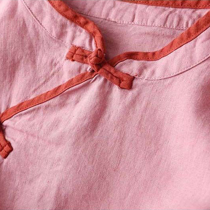 Camisa de lino y algodón de manga larga para mujer con diseño de flores bordadas retro con Buddha Stones