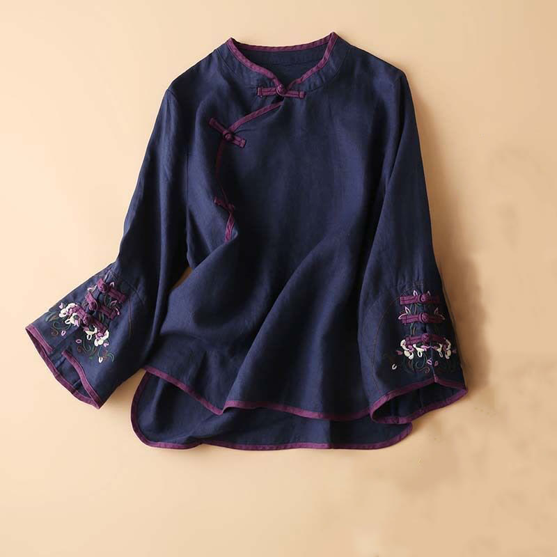 Camisa de lino y algodón de manga larga para mujer con diseño de flores bordadas retro con Buddha Stones