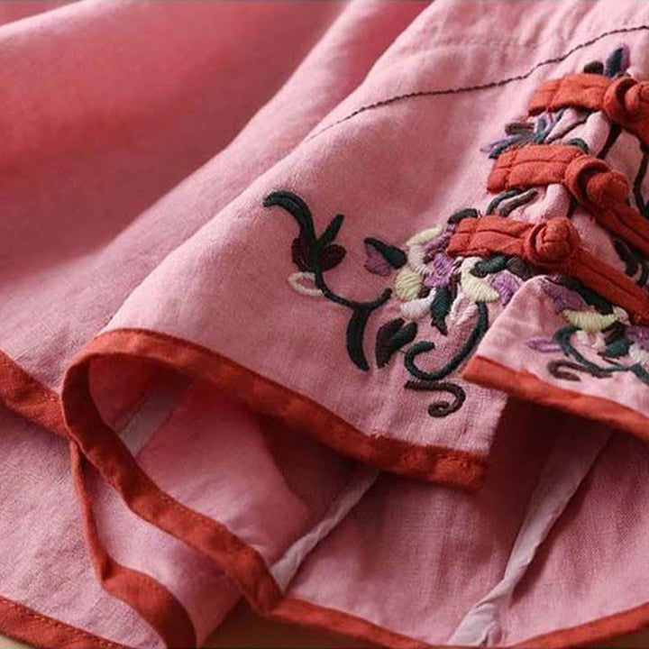 Camisa de lino y algodón de manga larga para mujer con diseño de flores bordadas retro con Buddha Stones