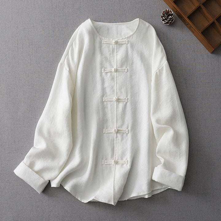 Camisa de manga larga con botones de color liso para mujer con Buddha Stones - Blanco - US8-10，UK/AU12-14，EU40-42 (2XL) - image 0