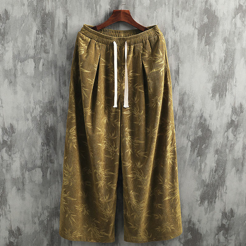 Pantalones anchos de pana con cordón de algodón y hojas de bambú y Buddha Stones para hombre con bolsillos