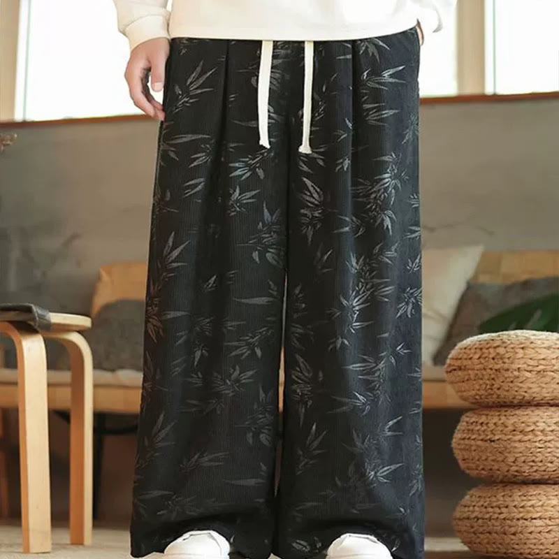 Pantalones anchos de pana con cordón de algodón y hojas de bambú y Buddha Stones para hombre con bolsillos