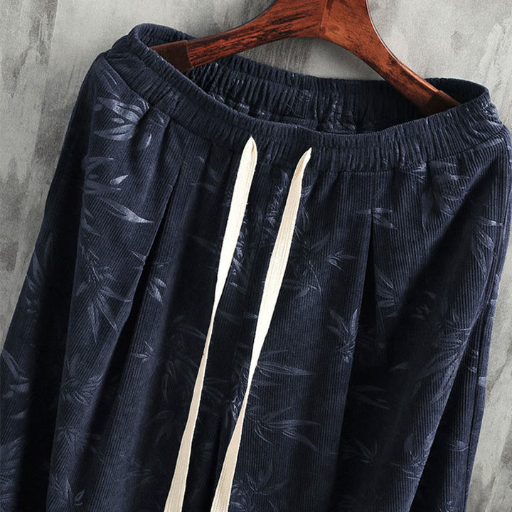 Pantalones anchos de pana con cordón de algodón y hojas de bambú y Buddha Stones para hombre con bolsillos - image 1