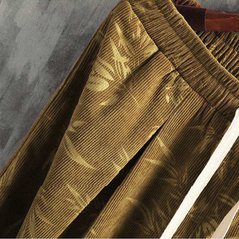 Pantalones anchos de pana con cordón de algodón y hojas de bambú y Buddha Stones para hombre con bolsillos