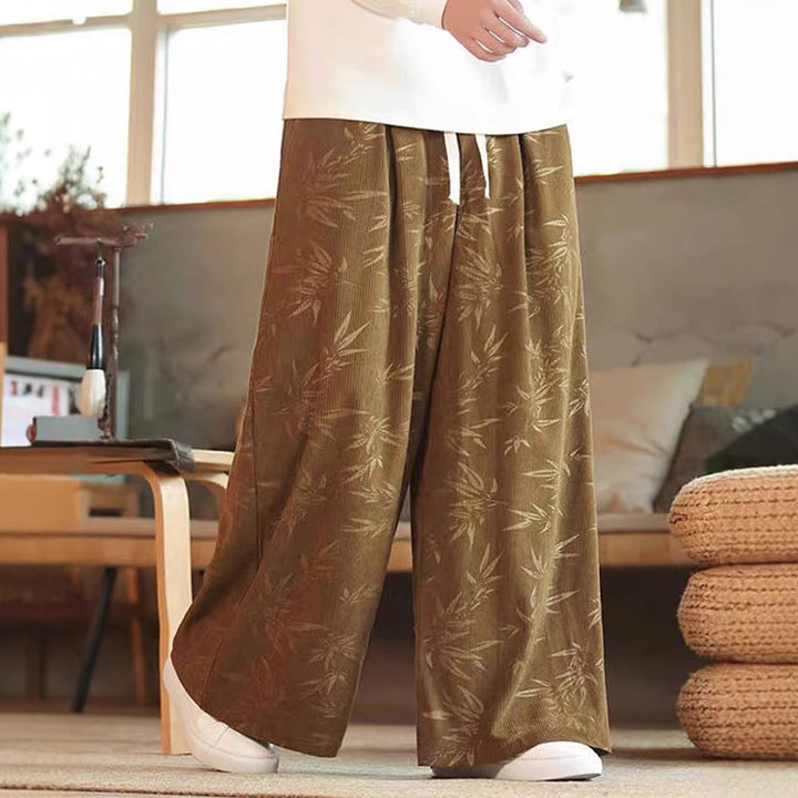 Pantalones anchos de pana con cordón de algodón y hojas de bambú y Buddha Stones para hombre con bolsillos - Caqui oscuro - US/UK/AU46, EU56 (5XL) - image 3