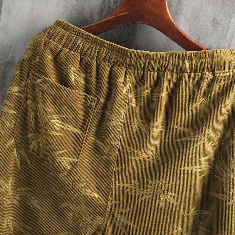 Pantalones anchos de pana con cordón de algodón y hojas de bambú y Buddha Stones para hombre con bolsillos