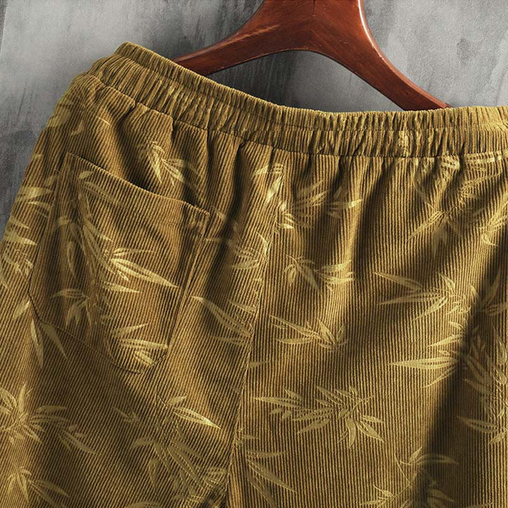 Pantalones anchos de pana con cordón de algodón y hojas de bambú y Buddha Stones para hombre con bolsillos