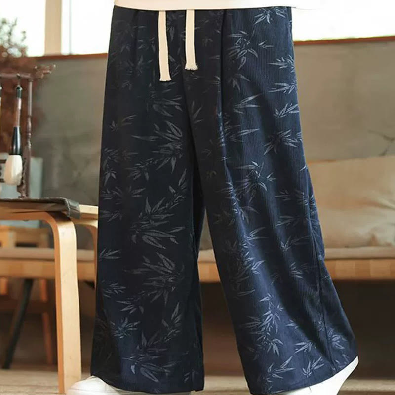 Pantalones anchos de pana con cordón de algodón y hojas de bambú y Buddha Stones para hombre con bolsillos - Marina de guerra - US/UK/AU46, EU56 (5XL) - image 0