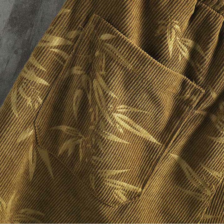 Pantalones anchos de pana con cordón de algodón y hojas de bambú y Buddha Stones para hombre con bolsillos